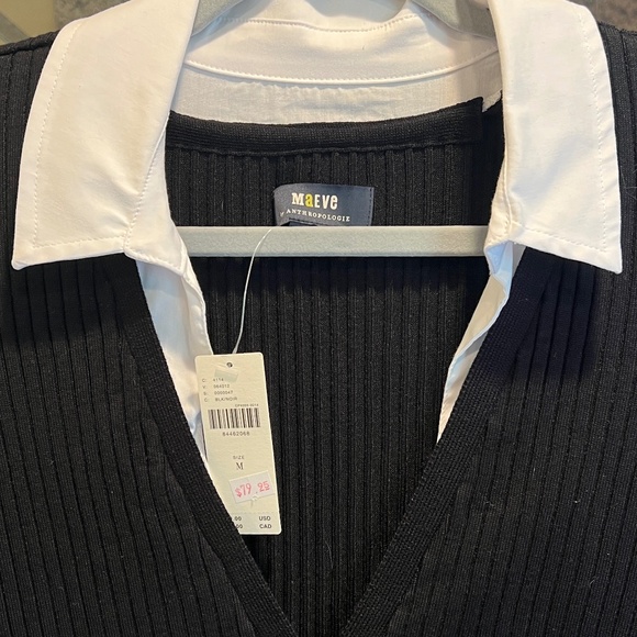 NWT - Maeve Layered Ribbed Black Cardigan Sweater White Shirt Collar and Cuffs - Picture 5 of 9